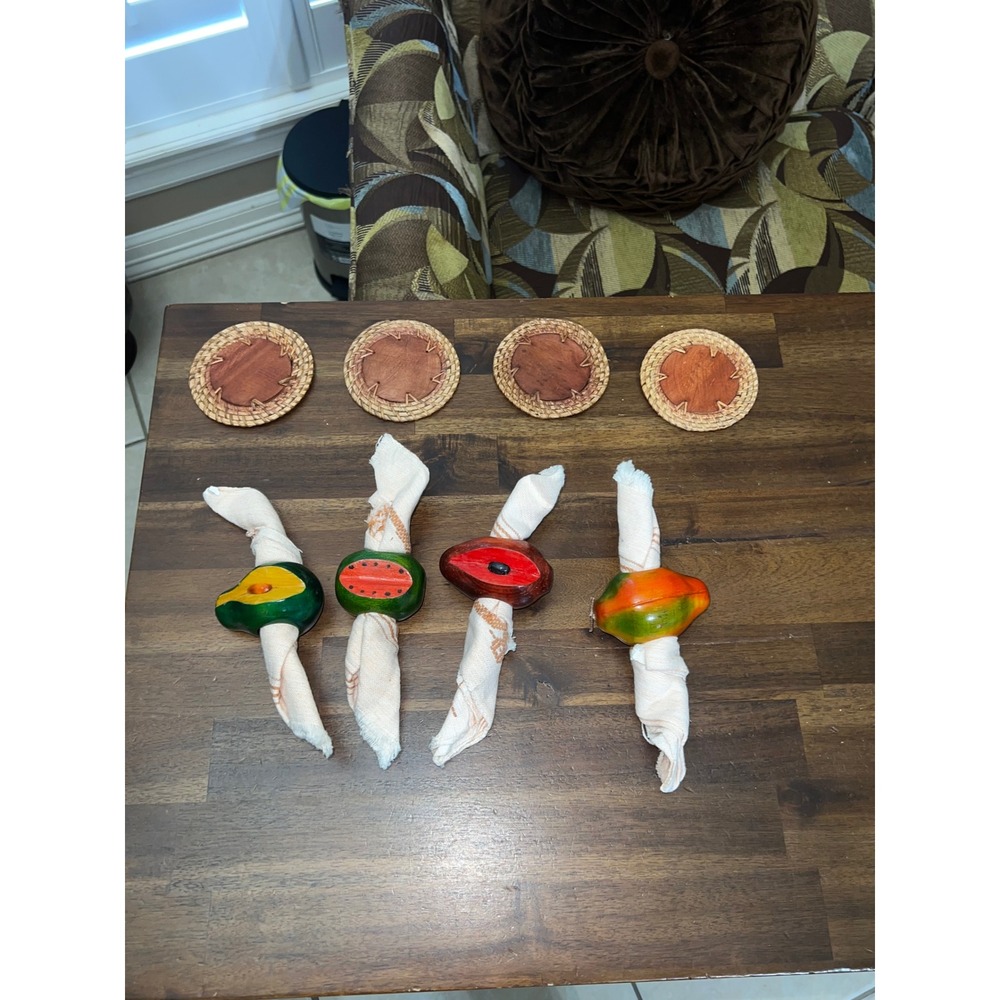 Tropical Fruit Napkin Rings & Woven Coasters Set - Colorful Dining Table Decor